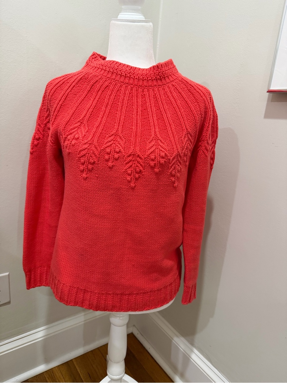 Talbots Coral Red Cable Yoke Crewneck Sweater